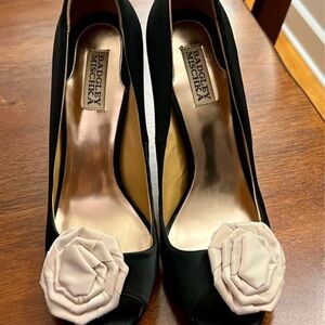 Badgley Mischka Black Heels with White Floral Detail